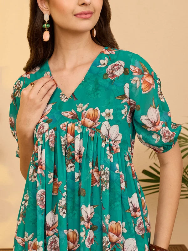 Women's Sea Green Georgette Floral Printed Gathered Dress