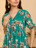 Women's Sea Green Georgette Floral Printed Gathered Dress
