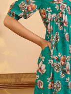 Women's Sea Green Georgette Floral Printed Gathered Dress