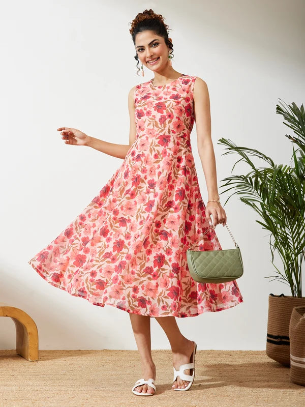 Women's Peach Georgette Floral Printed Flared Dress