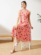 Women's Peach Georgette Floral Printed Flared Dress