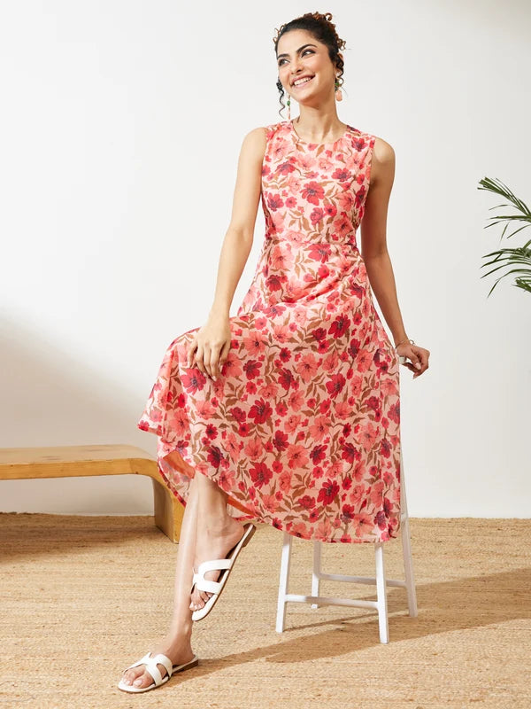 Women's Peach Georgette Floral Printed Flared Dress