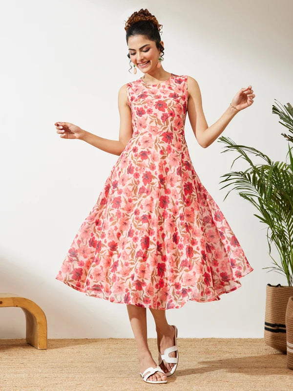 Women's Peach Georgette Floral Printed Flared Dress