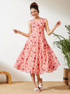 Women's Peach Georgette Floral Printed Flared Dress