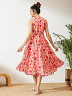 Women's Peach Georgette Floral Printed Flared Dress