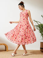 Women's Peach Georgette Floral Printed Flared Dress