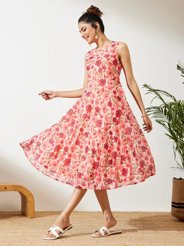 Women's Peach Georgette Floral Printed Flared Dress