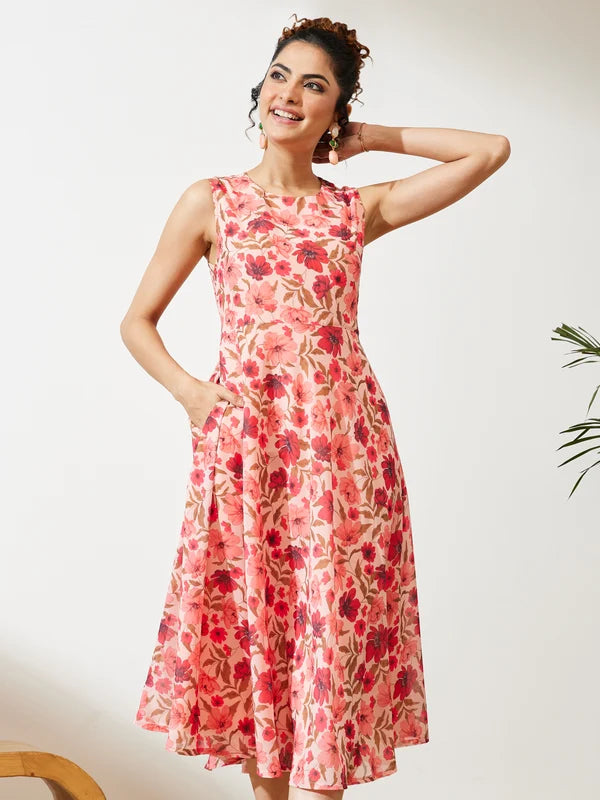 Women's Peach Georgette Floral Printed Flared Dress