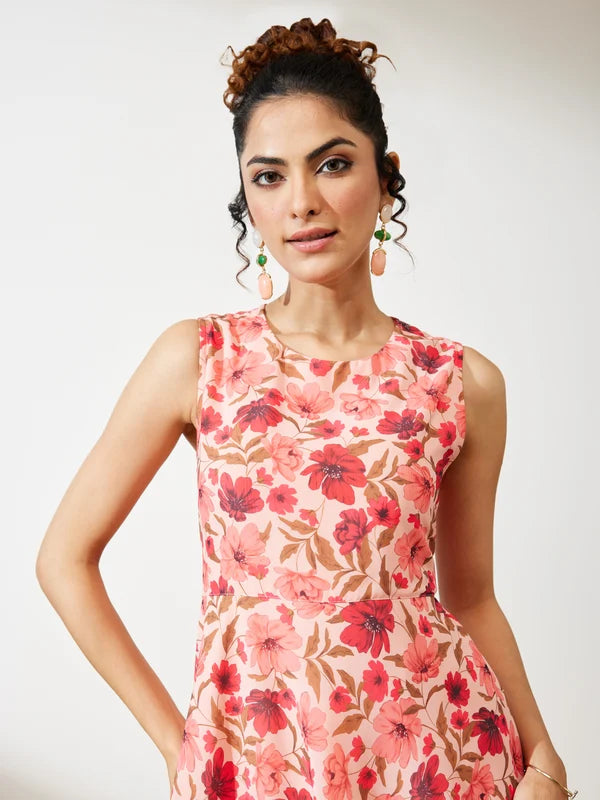 Women's Peach Georgette Floral Printed Flared Dress