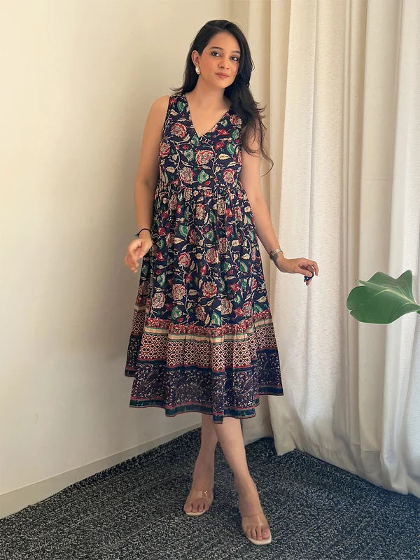 Women's Navy Blue Pure Cotton Floral Prinrted Gathered Dress