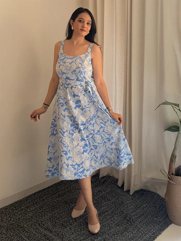 Women's Light Blue Pure Cotton Floral Printed A-line Dress