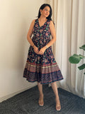 Women's Navy Blue Pure Cotton Floral Prinrted Gathered Dress