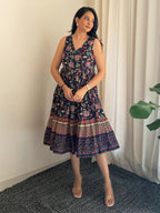 Women's Navy Blue Pure Cotton Floral Prinrted Gathered Dress