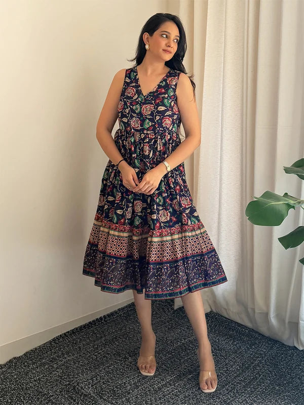 Women's Navy Blue Pure Cotton Floral Prinrted Gathered Dress